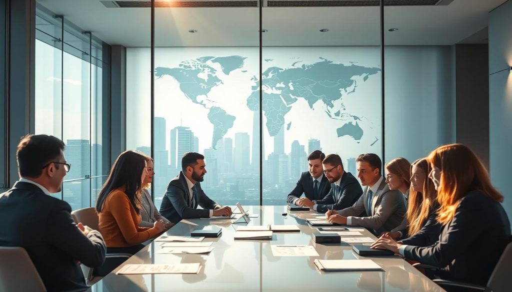 A serene international banking scene, bustling yet professional. In the foreground, a diverse group of individuals in business attire are engaged in a discussion around a sleek conference table, with documents and digital devices spread out before them. In the middle, large glass windows reveal a view of a modern city skyline, symbolizing global finance. The background features a world map on the wall, highlighting various countries, with soft lighting emphasizing the importance of privacy and compliance. Gentle sunlight filters through, creating a warm and inviting atmosphere, reflecting clarity and trust in foreign banking and fiscal contexts. Ideal for an informative article, the composition captures a sense of cooperation and professionalism. A serene international banking scene, bustling yet professional. In the foreground, a diverse group of individuals in business attire are engaged in a discussion around a sleek conference table, with documents and digital devices spread out before them. In the middle, large glass windows reveal a view of a modern city skyline, symbolizing global finance. The background features a world map on the wall, highlighting various countries, with soft lighting emphasizing the importance of privacy and compliance. Gentle sunlight filters through, creating a warm and inviting atmosphere, reflecting clarity and trust in foreign banking and fiscal contexts. Ideal for an informative article, the composition captures a sense of cooperation and professionalism.
