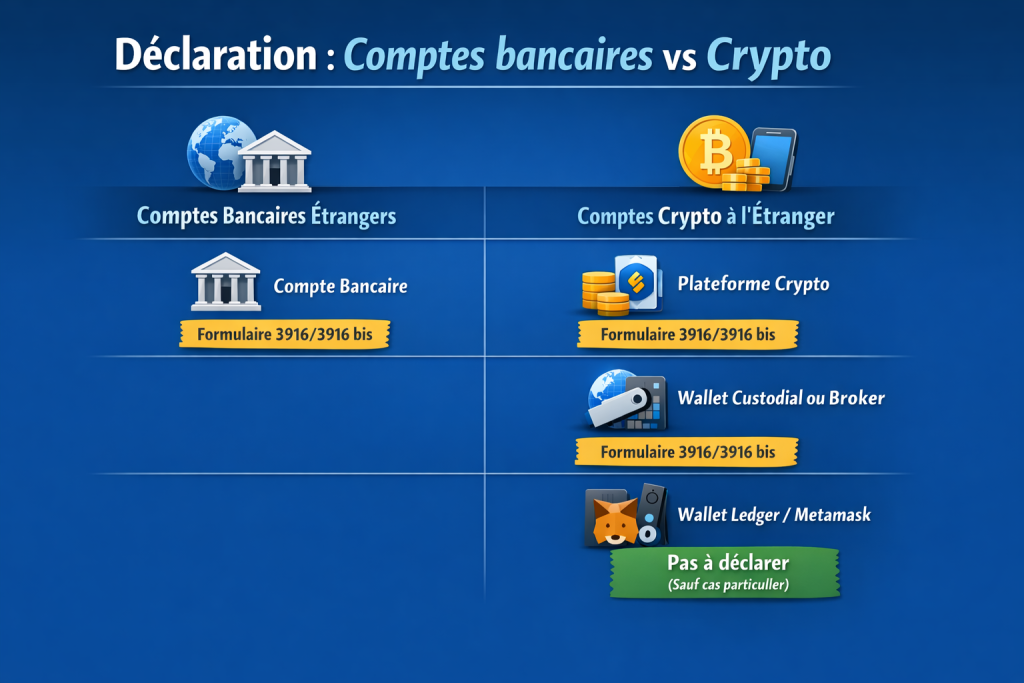 Comparatif : déclaration des comptes bancaires vs crypto