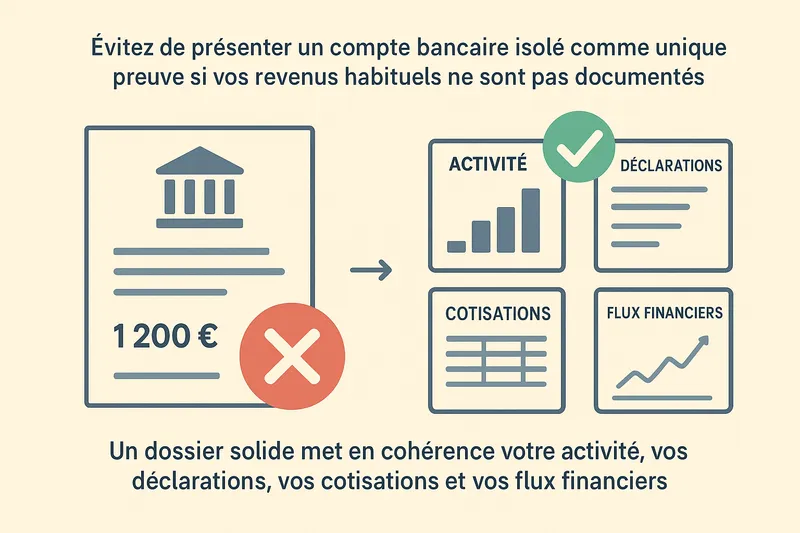 Évitez de présenter un compte bancaire isolé comme unique preuve si vos revenus habituels ne sont pa