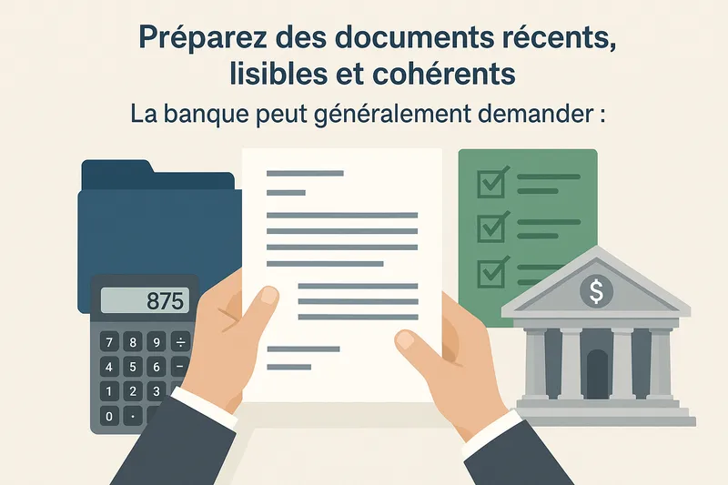 Préparez des documents récents, lisibles et cohérents. La banque peut généralement demander :