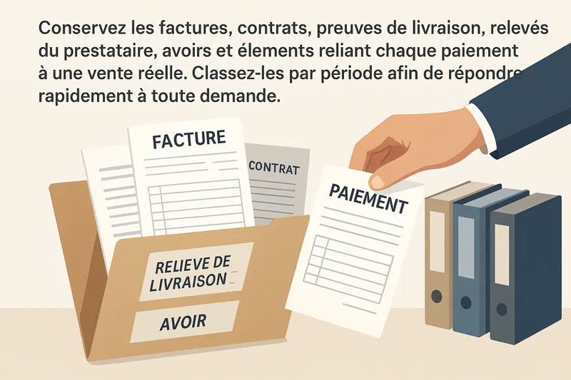 Conservez les factures, contrats, preuves de livraison, relevés du prestataire, avoirs et éléments r